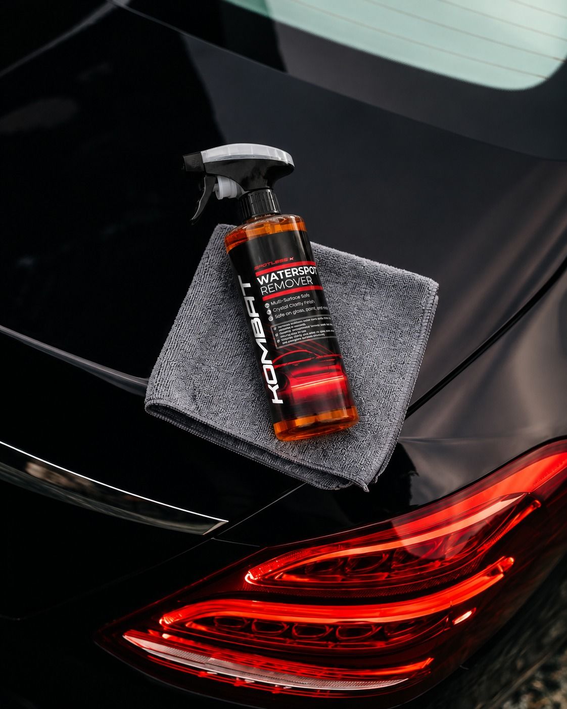 SPOTLESS water spot remover on a black car beside a red tail light